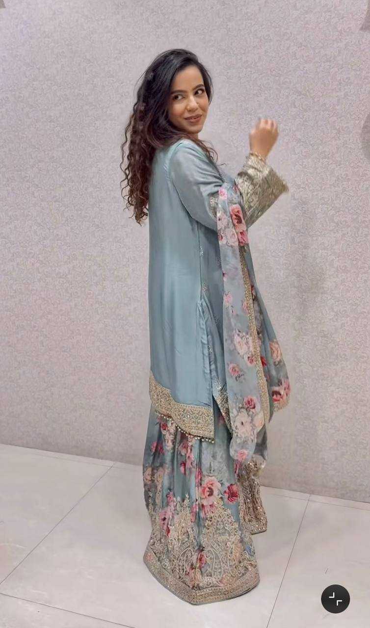 Chinon Silk  Embroidery  Sharara Salwar Suit