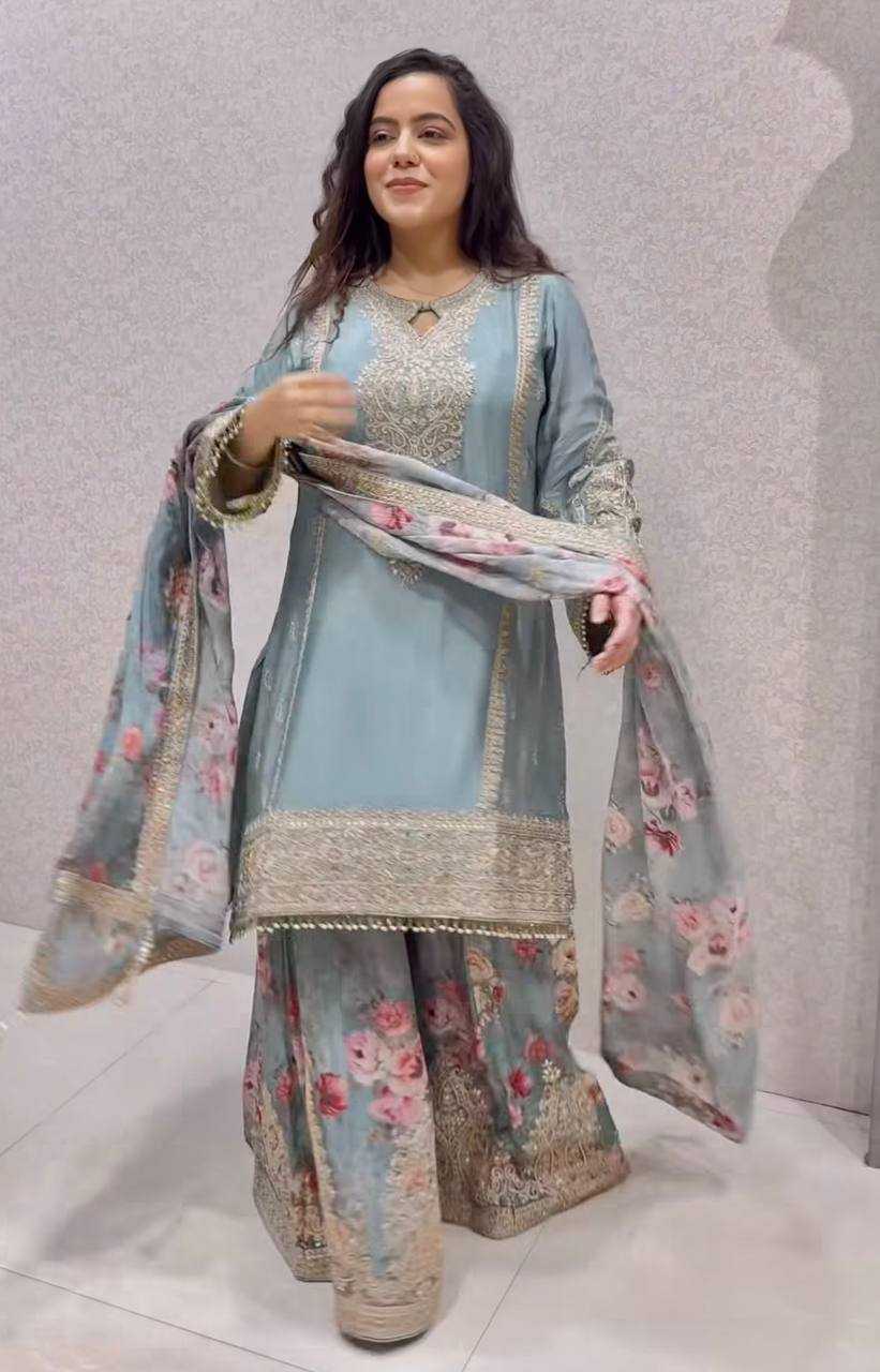 Chinon Silk  Embroidery  Sharara Salwar Suit