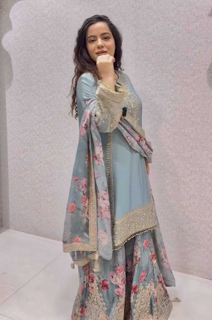 Chinon Silk  Embroidery  Sharara Salwar Suit