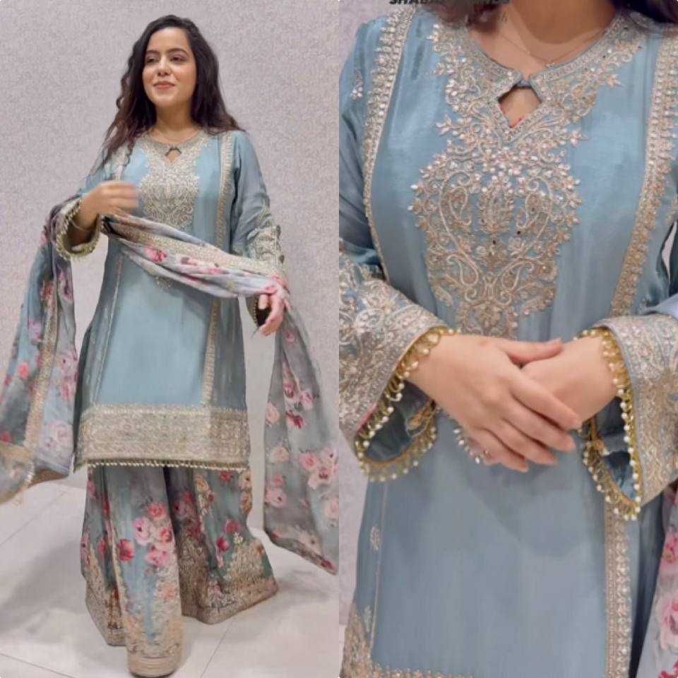 Chinon Silk  Embroidery  Sharara Salwar Suit