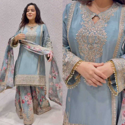 Chinon Silk  Embroidery  Sharara Salwar Suit