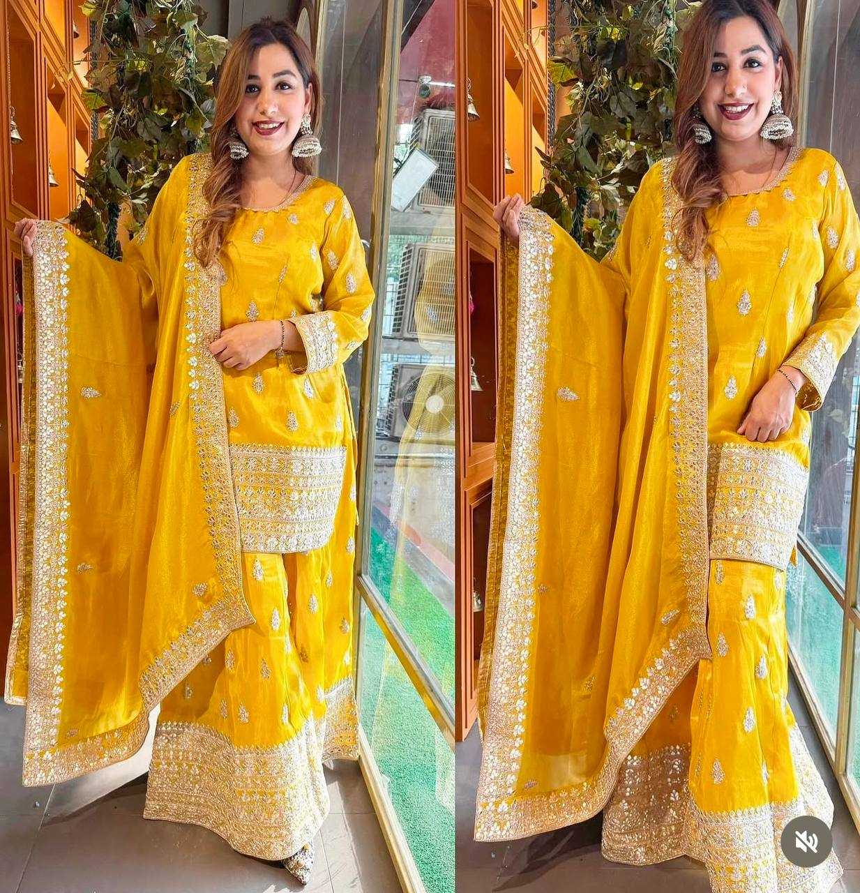 ✨ Chinon Silk Embroidery Wedding Sharara Suits! ✨