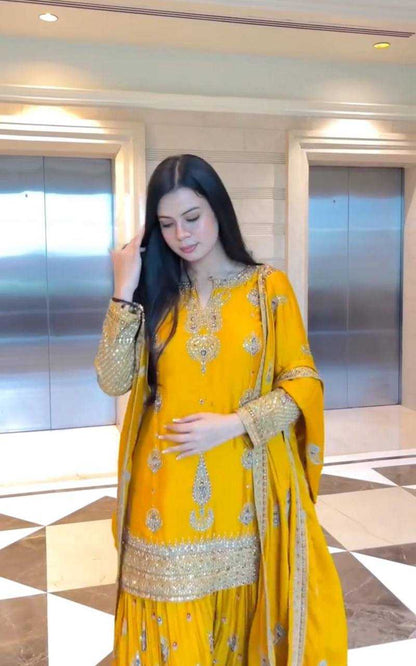 Chinon Silk  Embroidery  Sharara Salwar Suit
