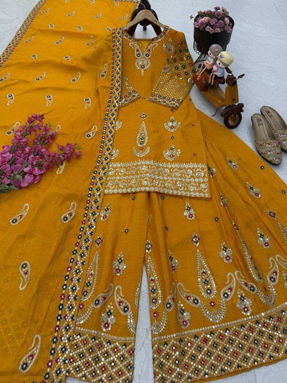 Chinon Silk  Embroidery  Sharara Salwar Suit