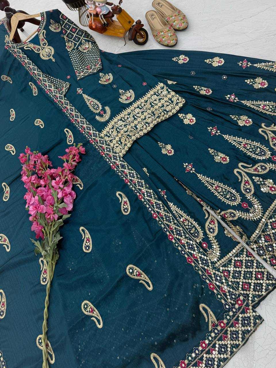 Chinon Silk  Embroidery  Sharara Salwar Suit