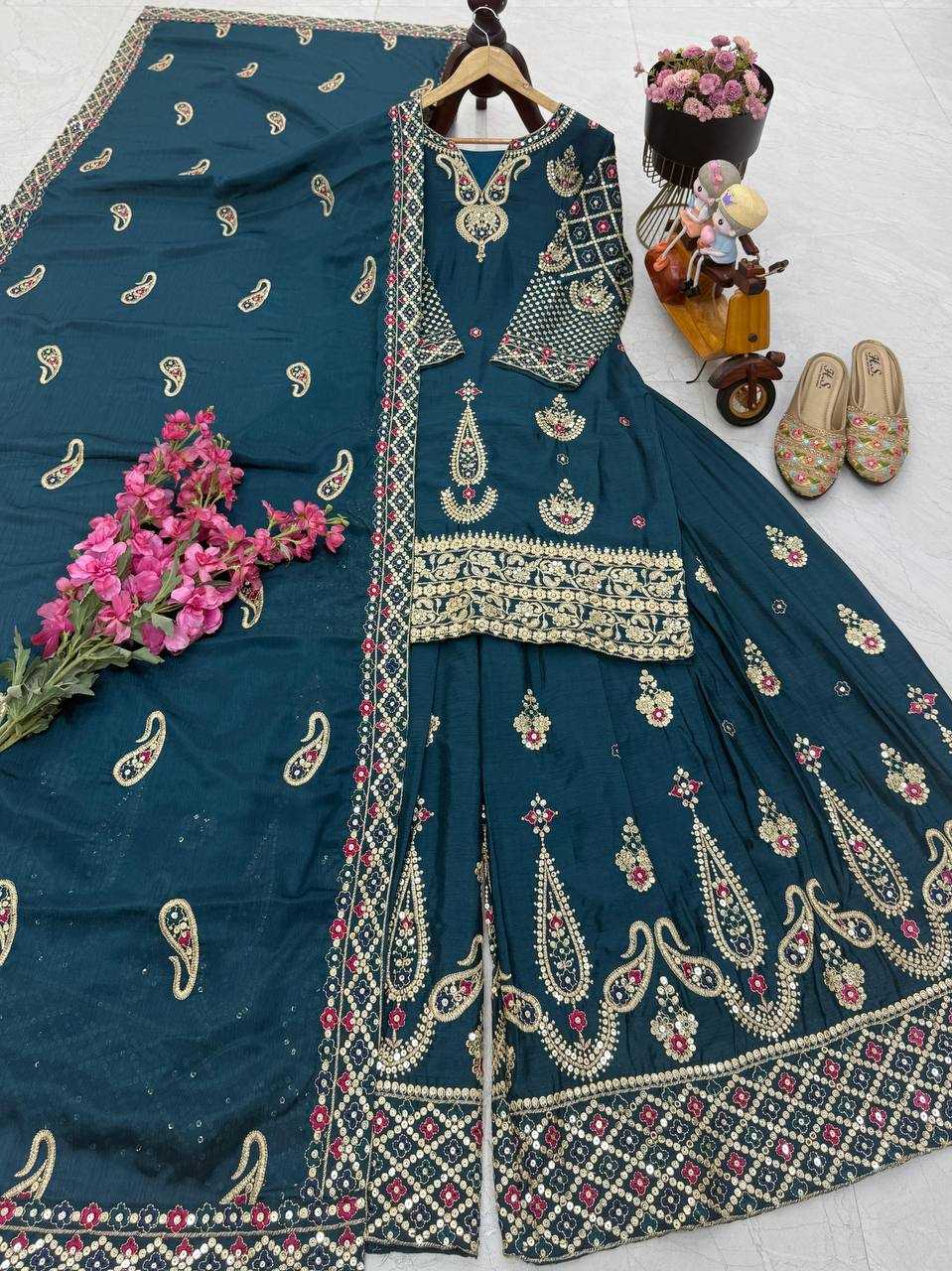 Chinon Silk  Embroidery  Sharara Salwar Suit