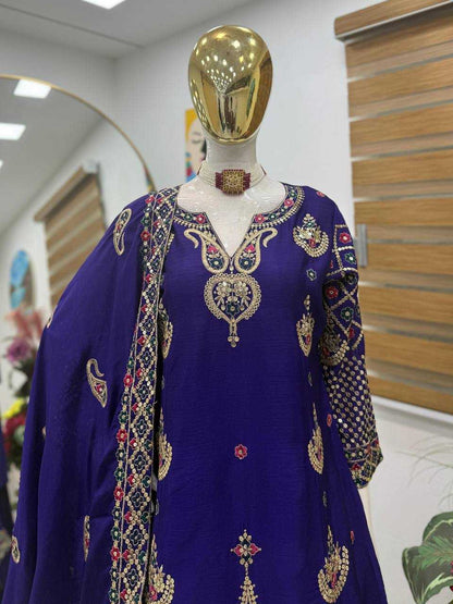 Chinon Silk  Embroidery  Sharara Salwar Suit