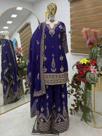 Chinon Silk  Embroidery  Sharara Salwar Suit