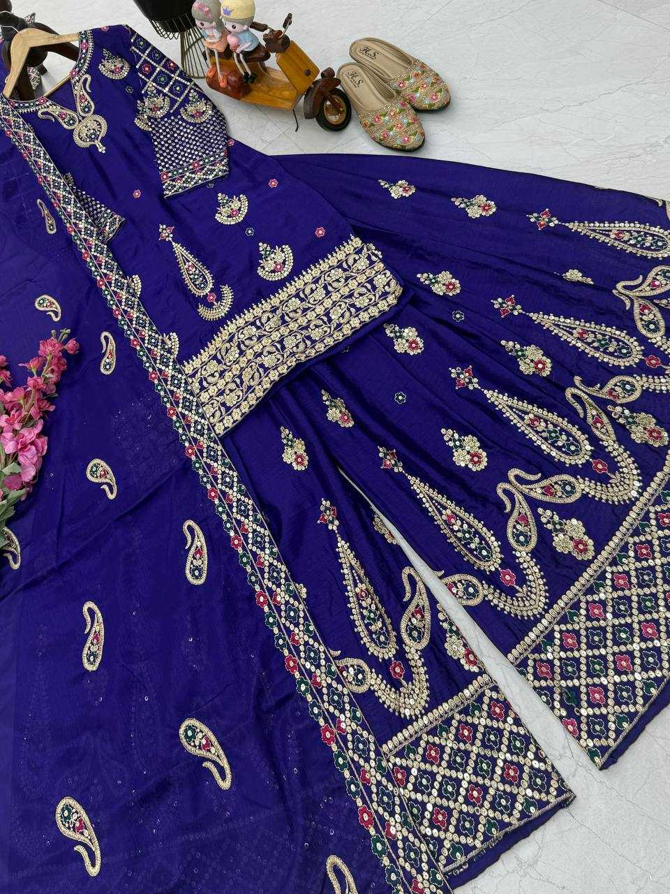 Chinon Silk  Embroidery  Sharara Salwar Suit