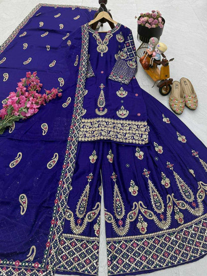 Chinon Silk  Embroidery  Sharara Salwar Suit