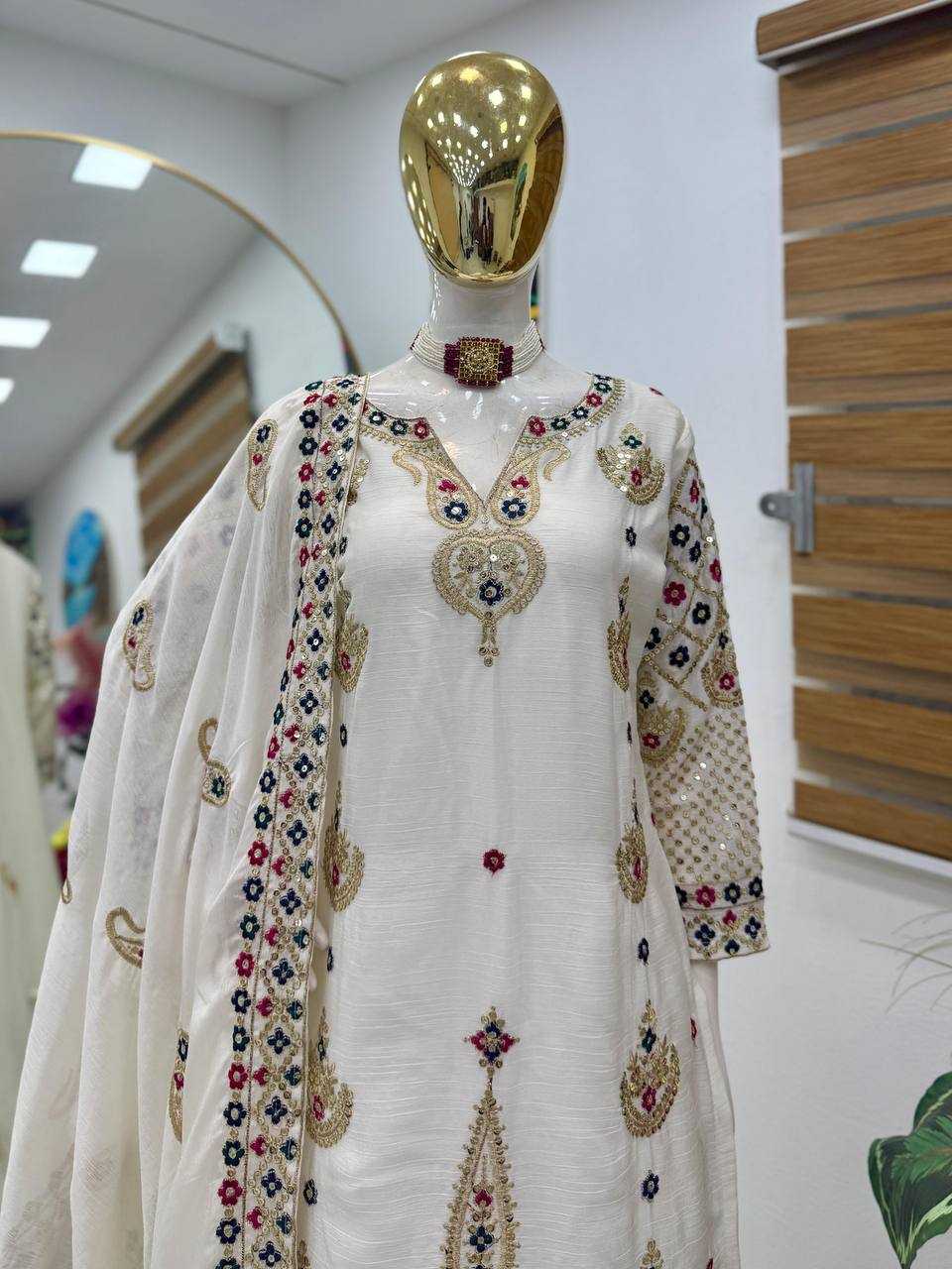Chinon Silk  Embroidery  Sharara Salwar Suit