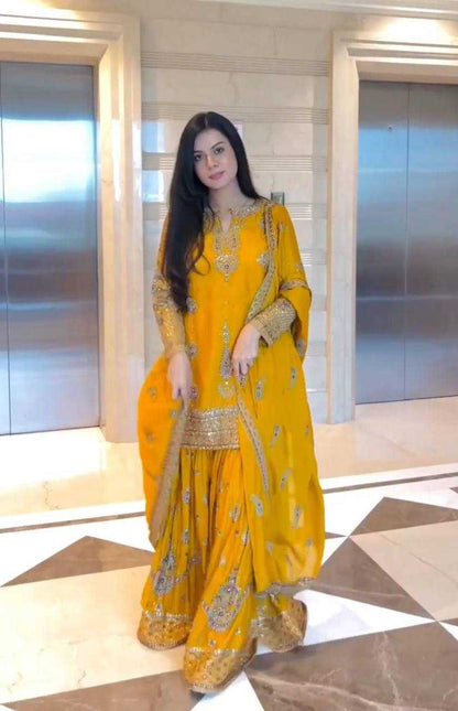 Chinon Silk  Embroidery  Sharara Salwar Suit