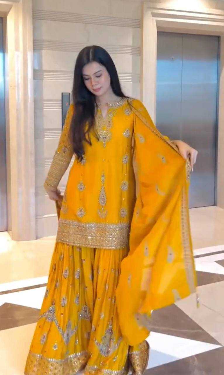 Chinon Silk  Embroidery  Sharara Salwar Suit