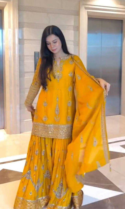 Chinon Silk  Embroidery  Sharara Salwar Suit