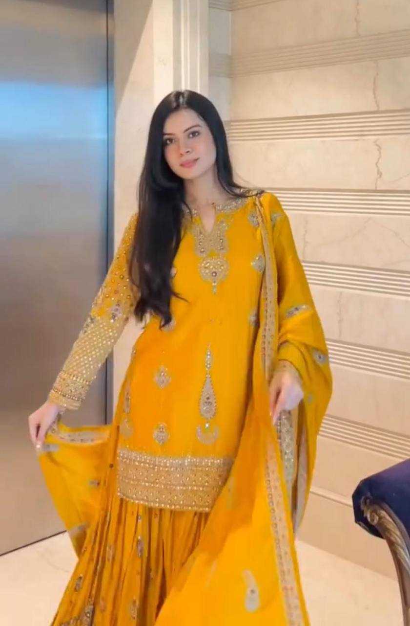 Chinon Silk  Embroidery  Sharara Salwar Suit
