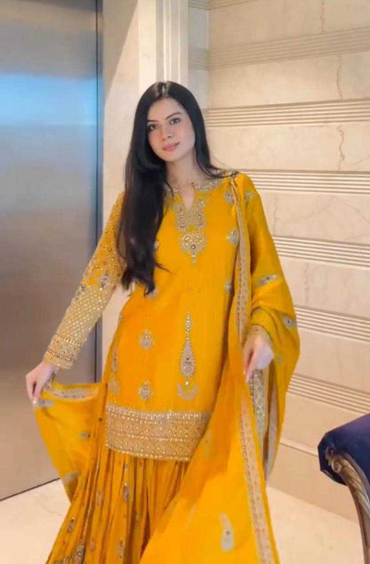 Chinon Silk  Embroidery  Sharara Salwar Suit