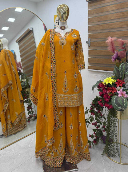 Chinon Silk  Embroidery  Sharara Salwar Suit