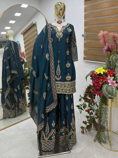 Chinon Silk  Embroidery  Sharara Salwar Suit
