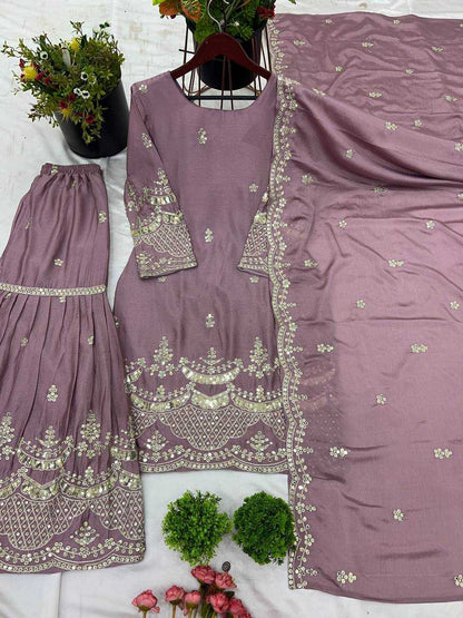 Embroidery Chinon Silk  Sharara Salwar Suits
