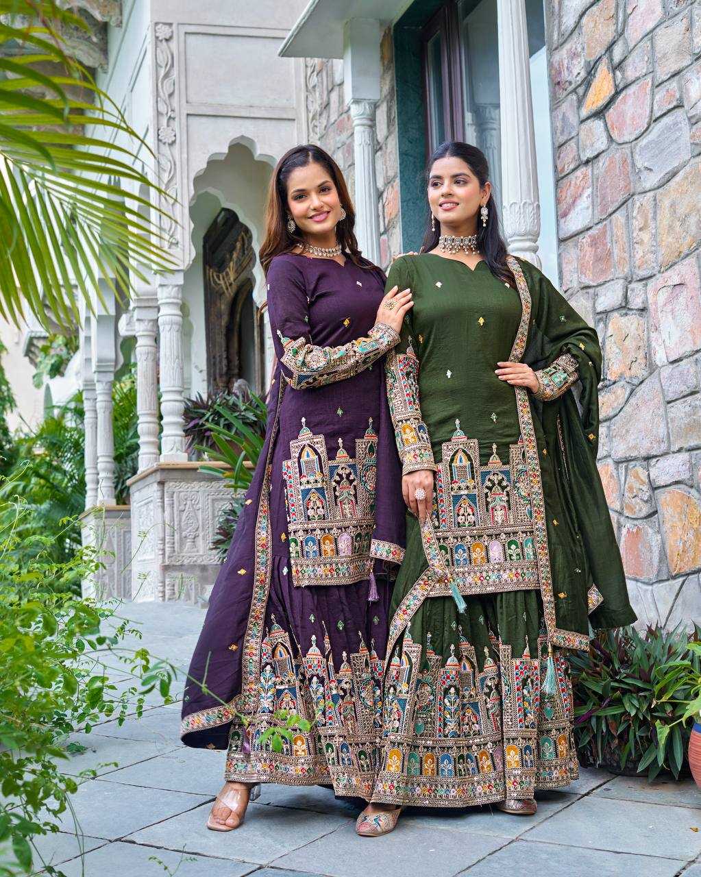 Chinon Silk   Embroidered  Palazzo Suit Festive Collections