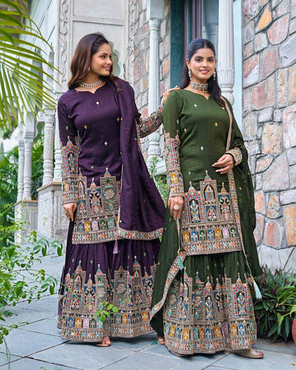 Chinon Silk   Embroidered  Palazzo Suit Festive Collections