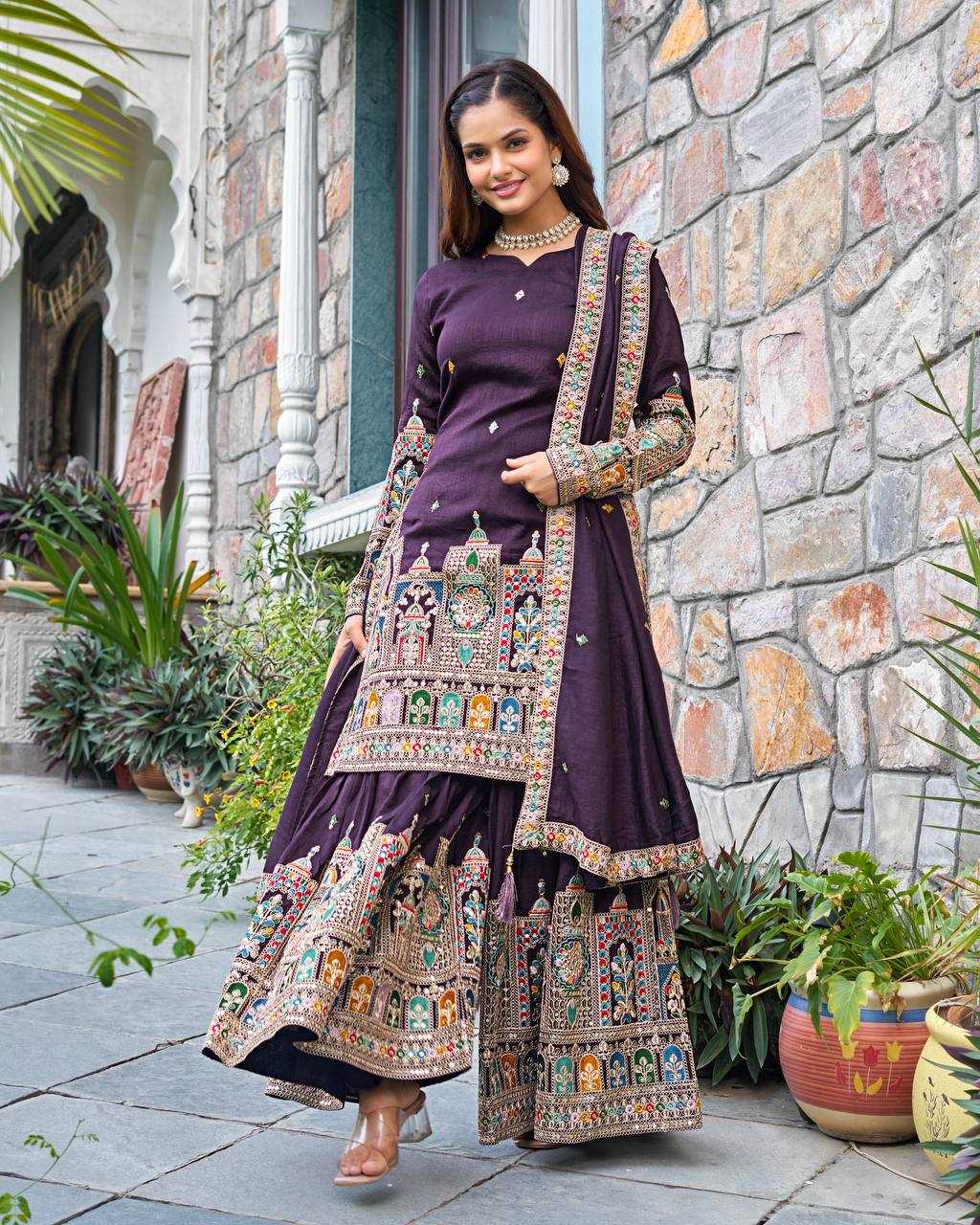 Chinon Silk   Embroidered  Palazzo Suit Festive Collections