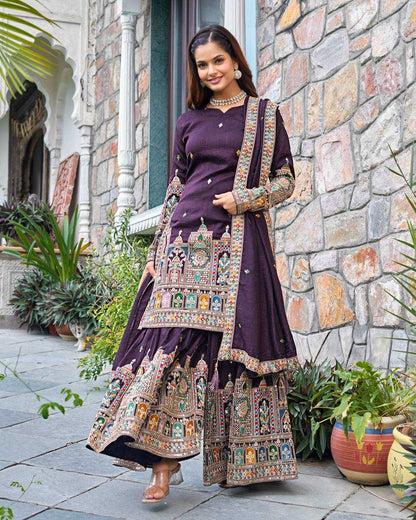 Chinon Silk   Embroidered  Palazzo Suit Festive Collections