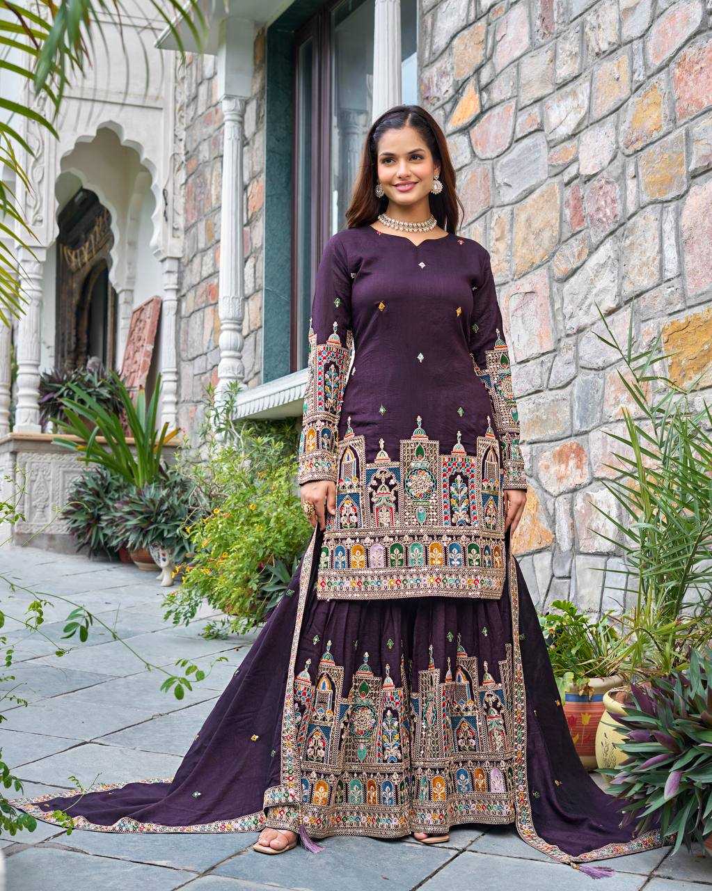 Chinon Silk   Embroidered  Palazzo Suit Festive Collections