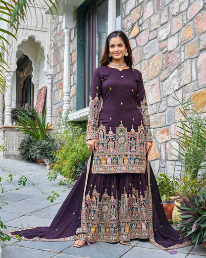 Chinon Silk   Embroidered  Palazzo Suit Festive Collections