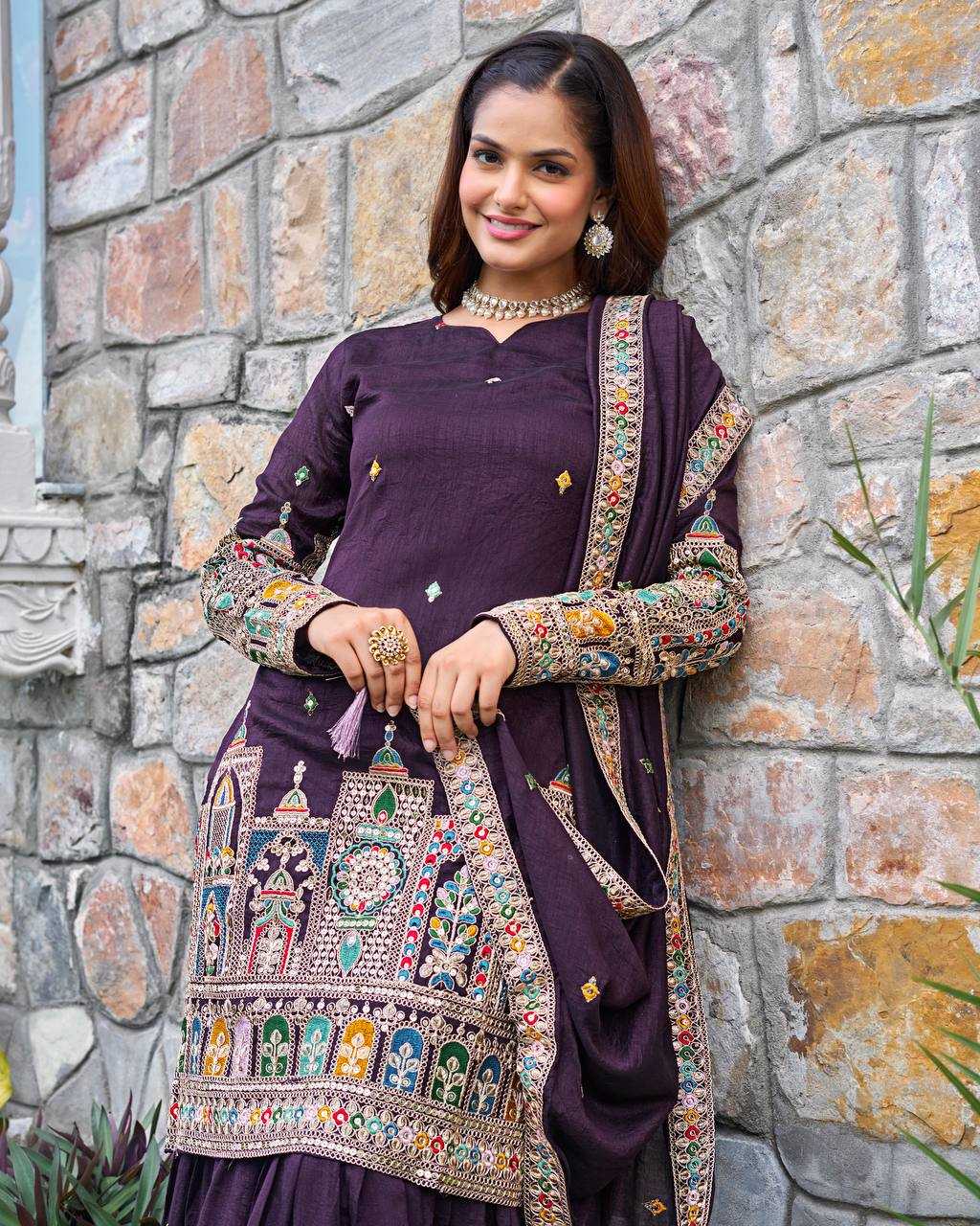Chinon Silk   Embroidered  Palazzo Suit Festive Collections