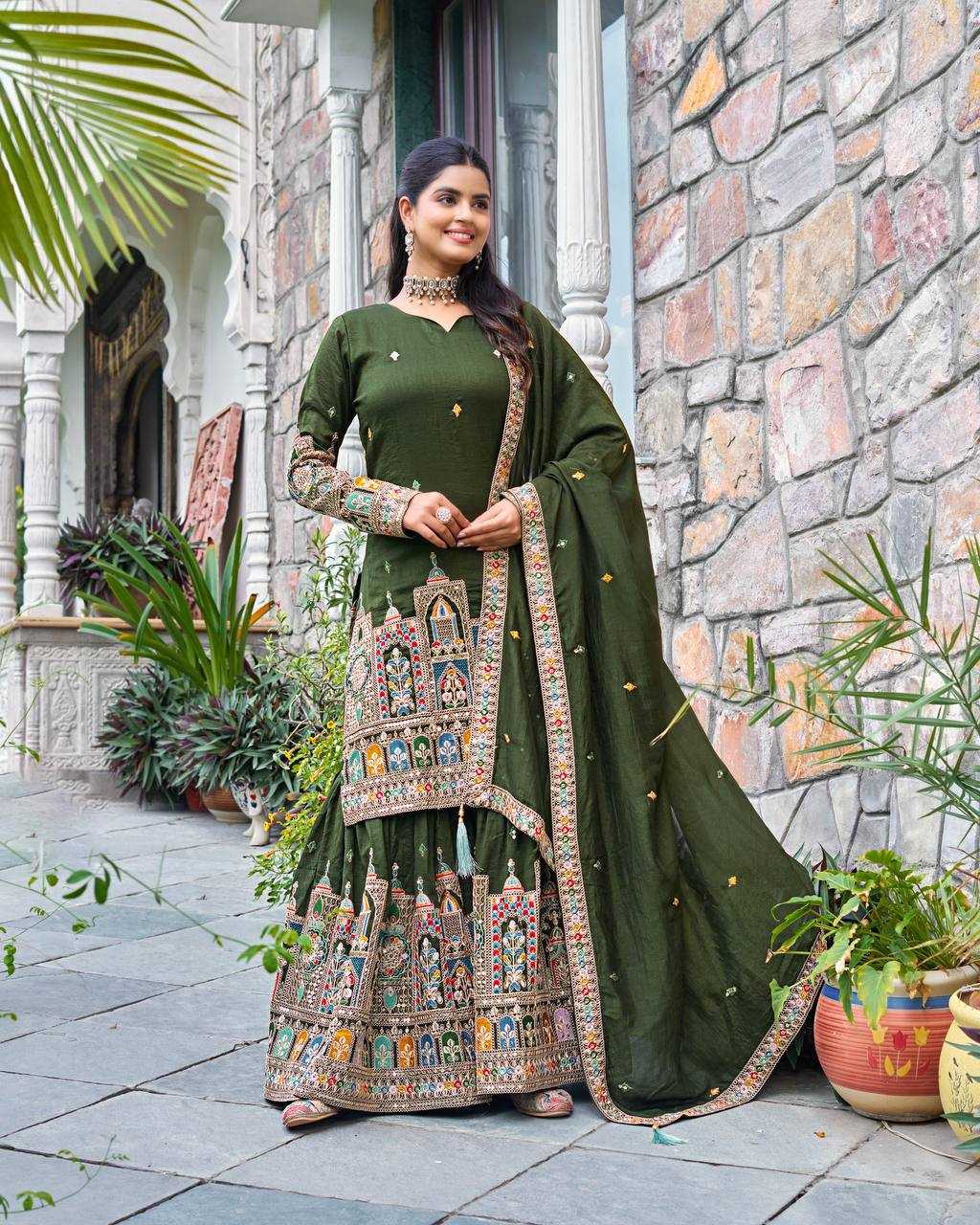 Chinon Silk   Embroidered  Palazzo Suit Festive Collections