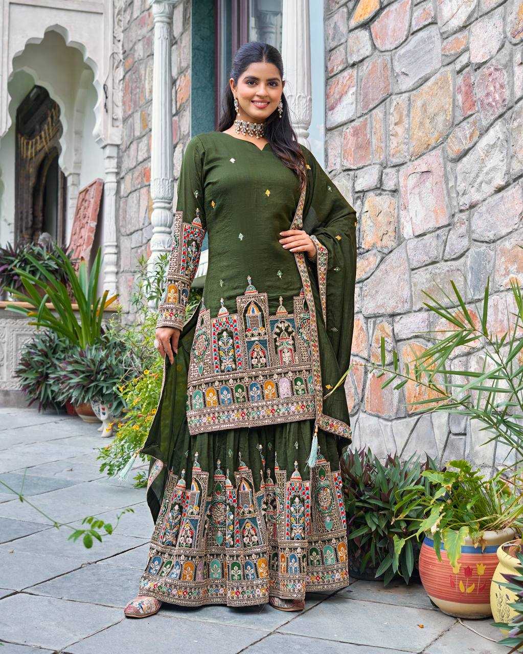 Chinon Silk   Embroidered  Palazzo Suit Festive Collections