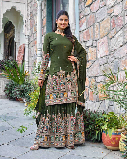 Chinon Silk   Embroidered  Palazzo Suit Festive Collections
