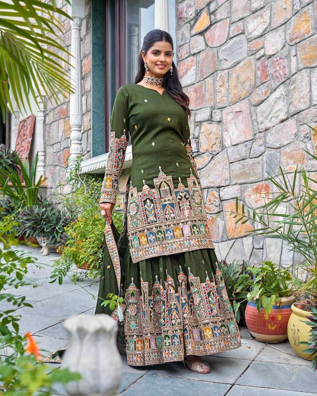 Chinon Silk   Embroidered  Palazzo Suit Festive Collections