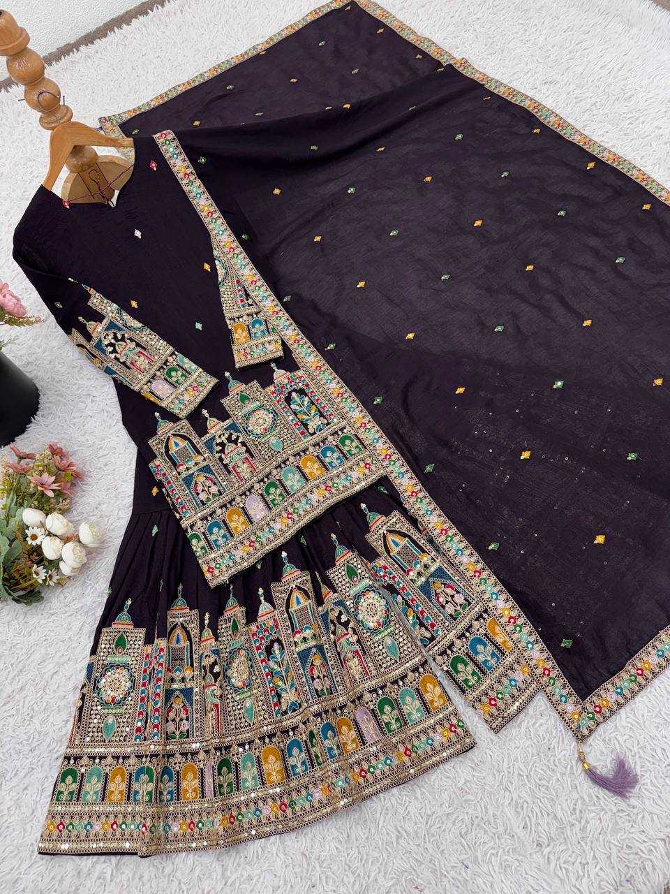 Chinon Silk   Embroidered  Palazzo Suit Festive Collections