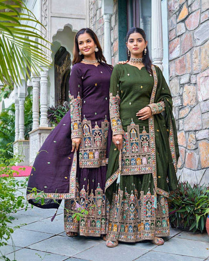 Chinon Silk   Embroidered  Palazzo Suit Festive Collections