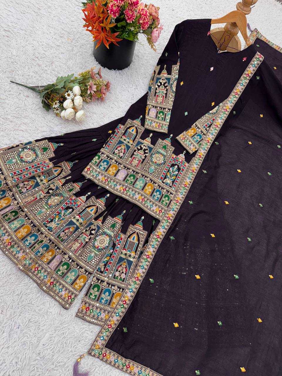 Chinon Silk   Embroidered  Palazzo Suit Festive Collections