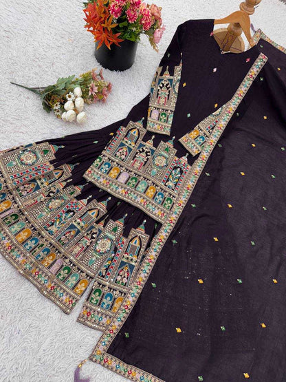 Chinon Silk   Embroidered  Palazzo Suit Festive Collections