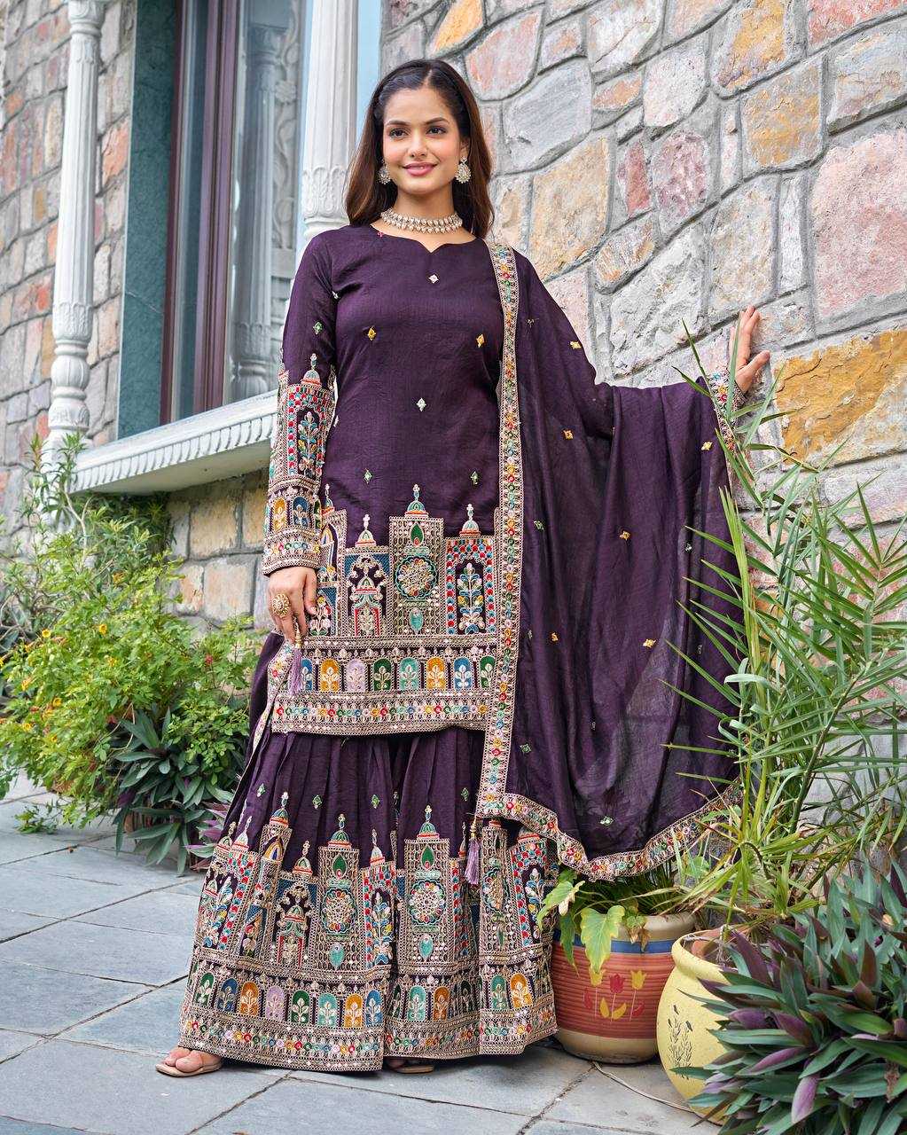 Chinon Silk   Embroidered  Palazzo Suit Festive Collections