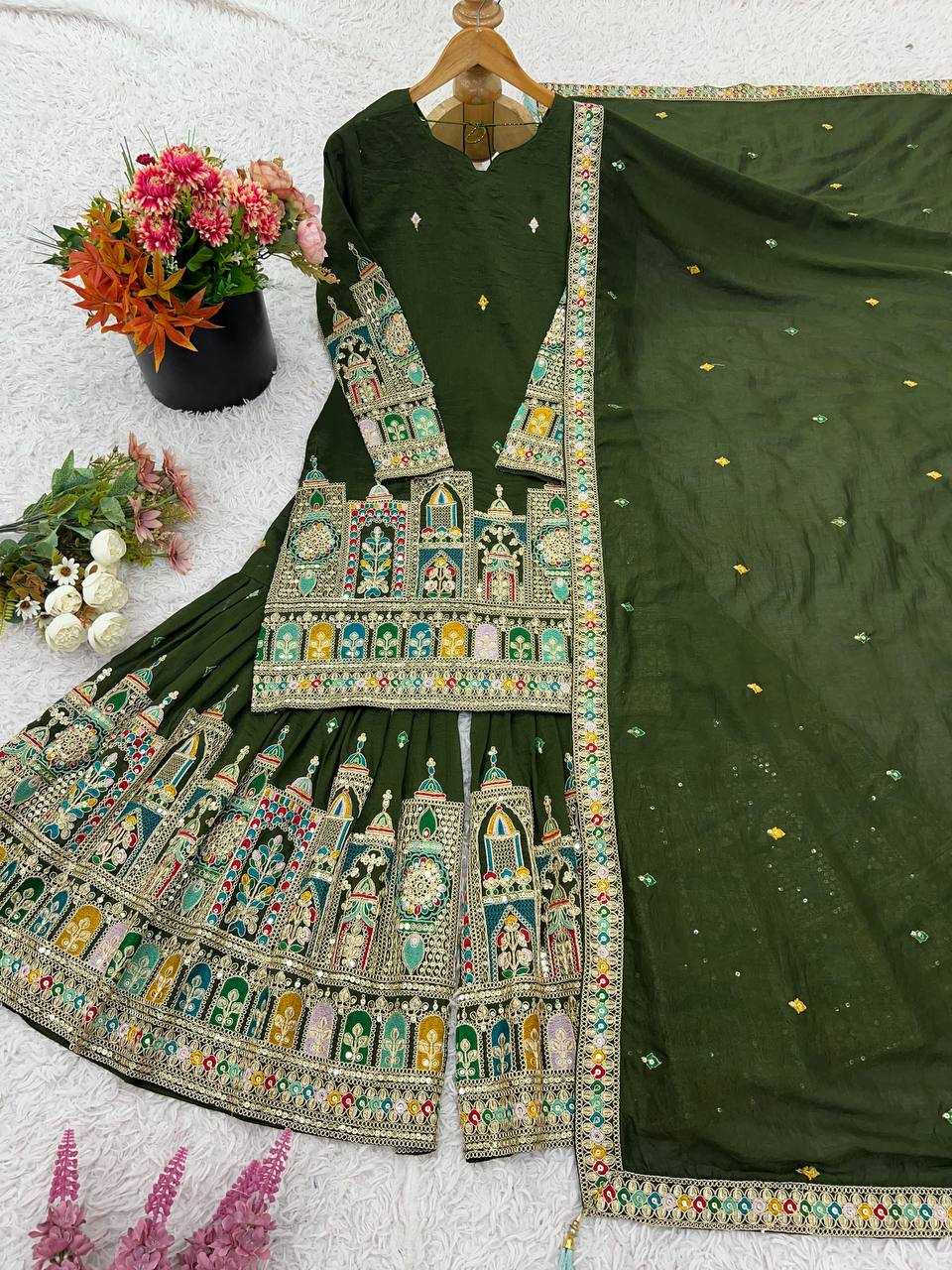 Chinon Silk   Embroidered  Palazzo Suit Festive Collections