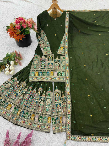 Chinon Silk   Embroidered  Palazzo Suit Festive Collections