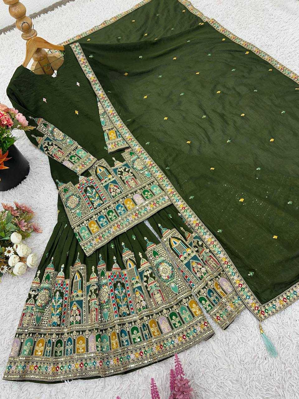 Chinon Silk   Embroidered  Palazzo Suit Festive Collections