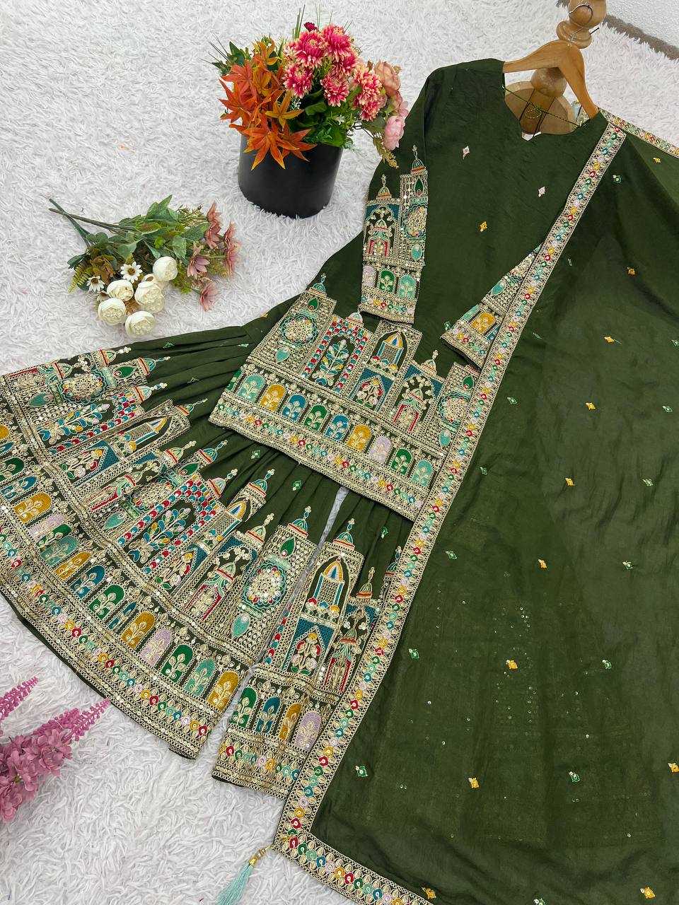 Chinon Silk   Embroidered  Palazzo Suit Festive Collections