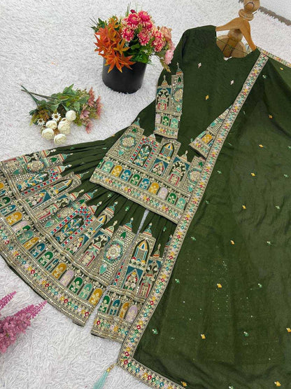 Chinon Silk   Embroidered  Palazzo Suit Festive Collections