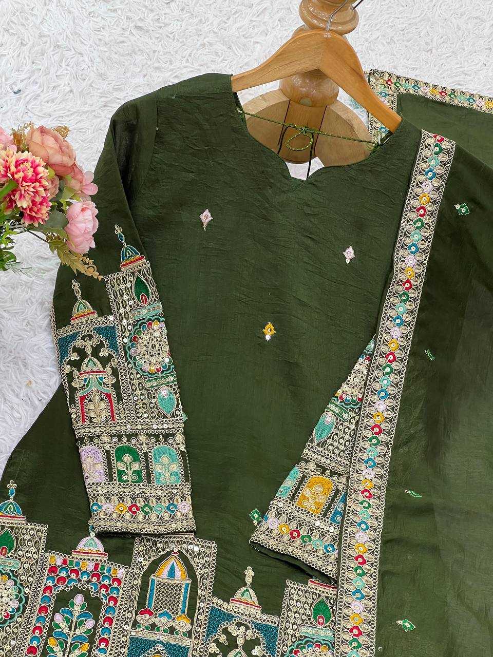 Chinon Silk   Embroidered  Palazzo Suit Festive Collections