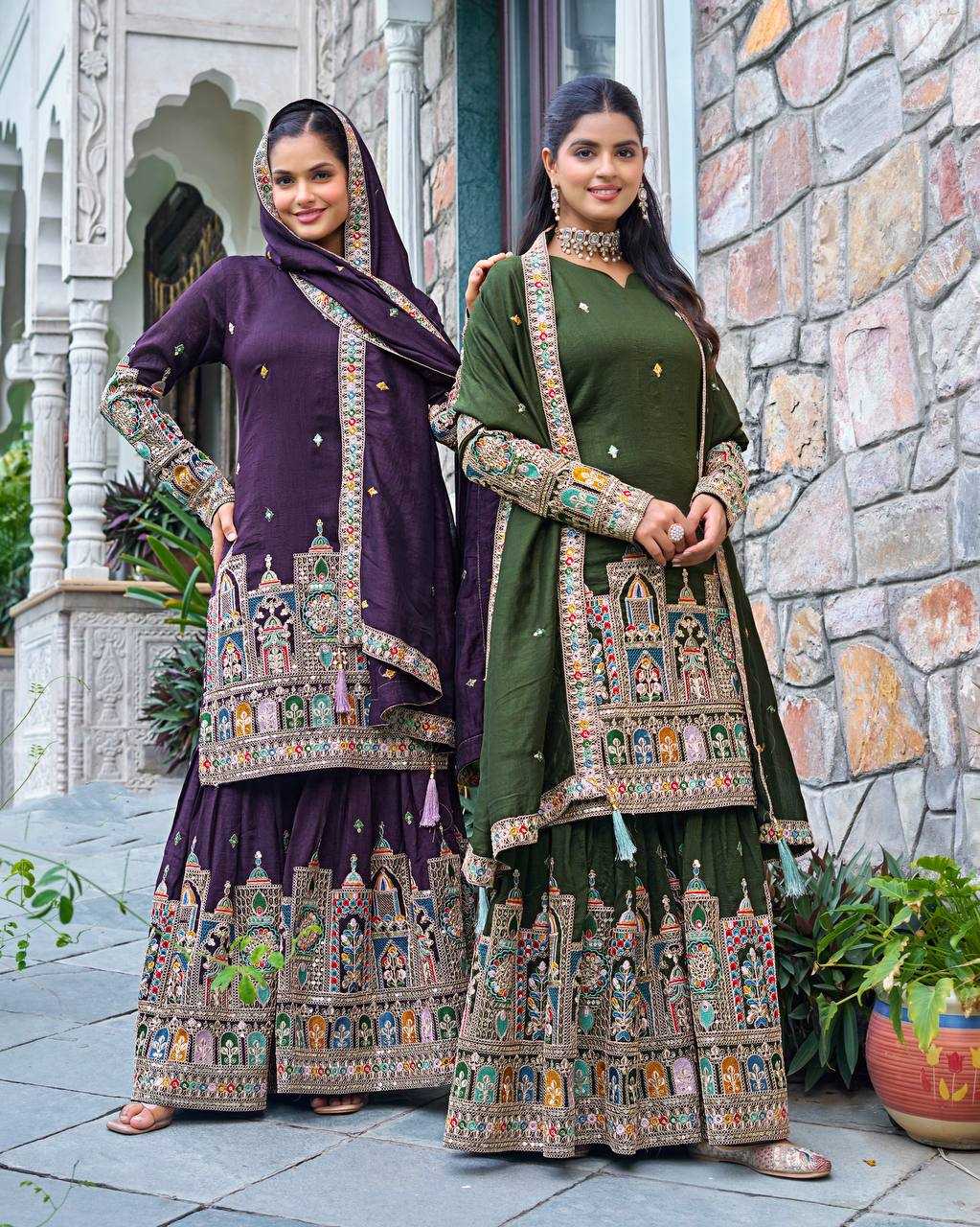 Chinon Silk   Embroidered  Palazzo Suit Festive Collections