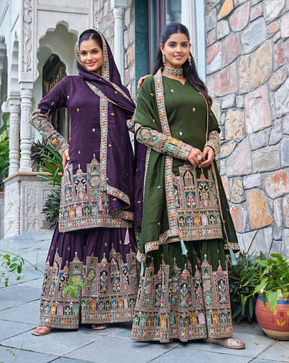 Chinon Silk   Embroidered  Palazzo Suit Festive Collections
