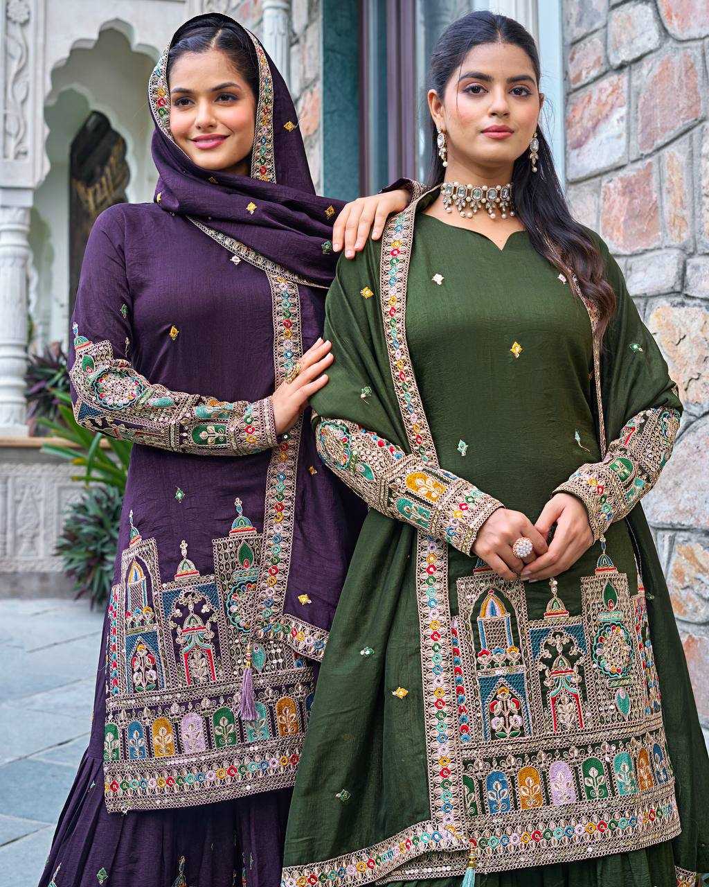 Chinon Silk   Embroidered  Palazzo Suit Festive Collections