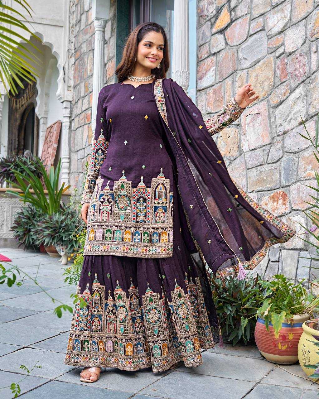 Chinon Silk   Embroidered  Palazzo Suit Festive Collections
