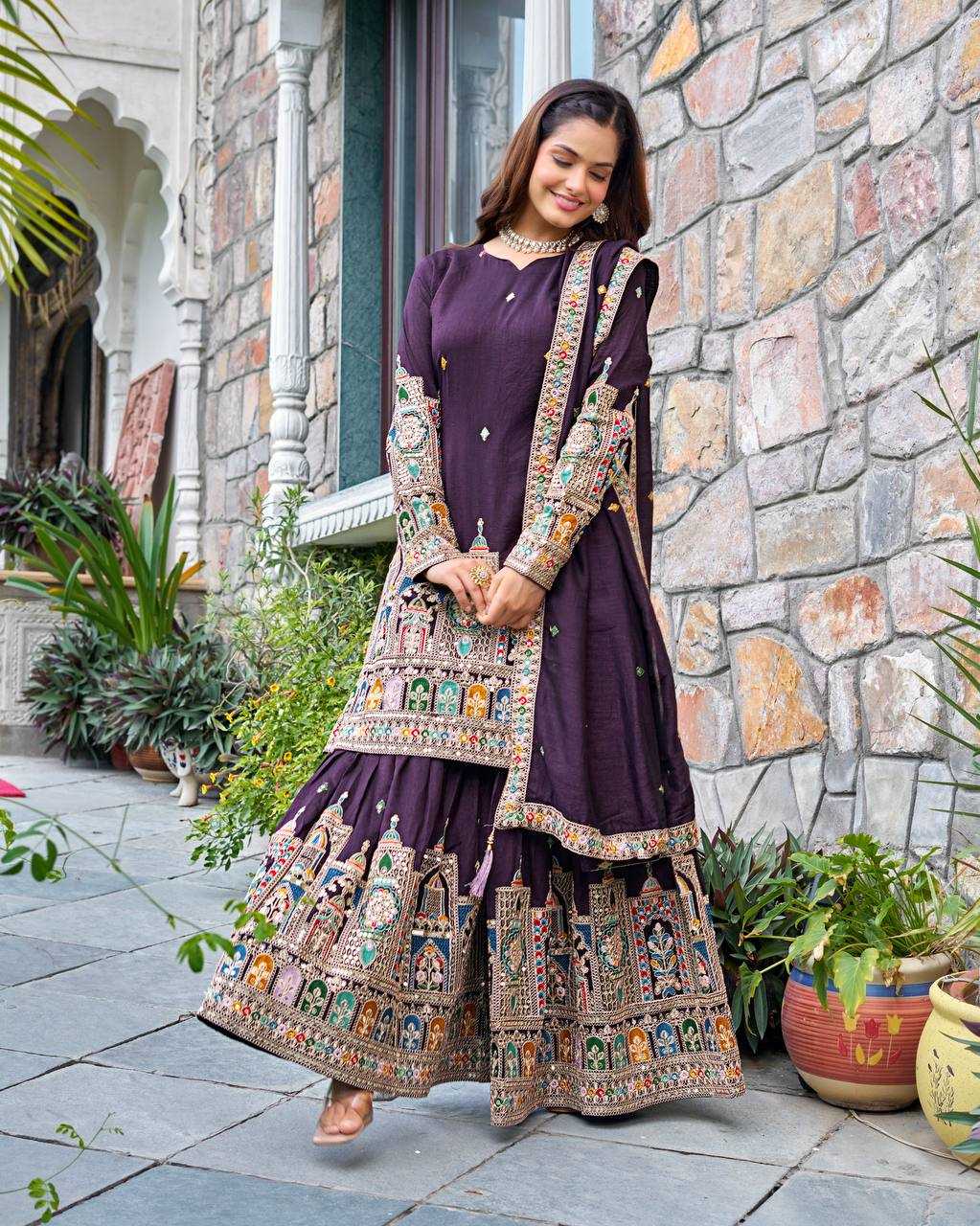 Chinon Silk   Embroidered  Palazzo Suit Festive Collections